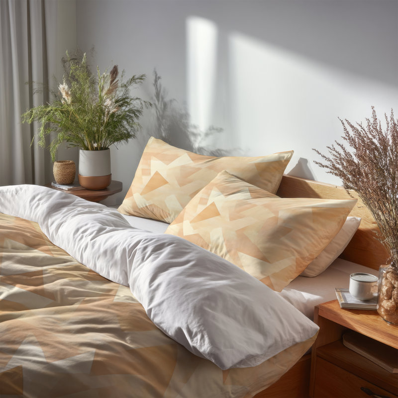 Ensemble de literie à motif géométrique 3 pièces - Ensemble de housse de couette et coussin décoratif Modern Beige Angles