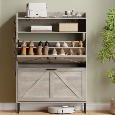 Armoire de rangement pour chaussures 20 paires avec 2 tiroirs rabattables, 2 tablettes réglables et crochets latéraux