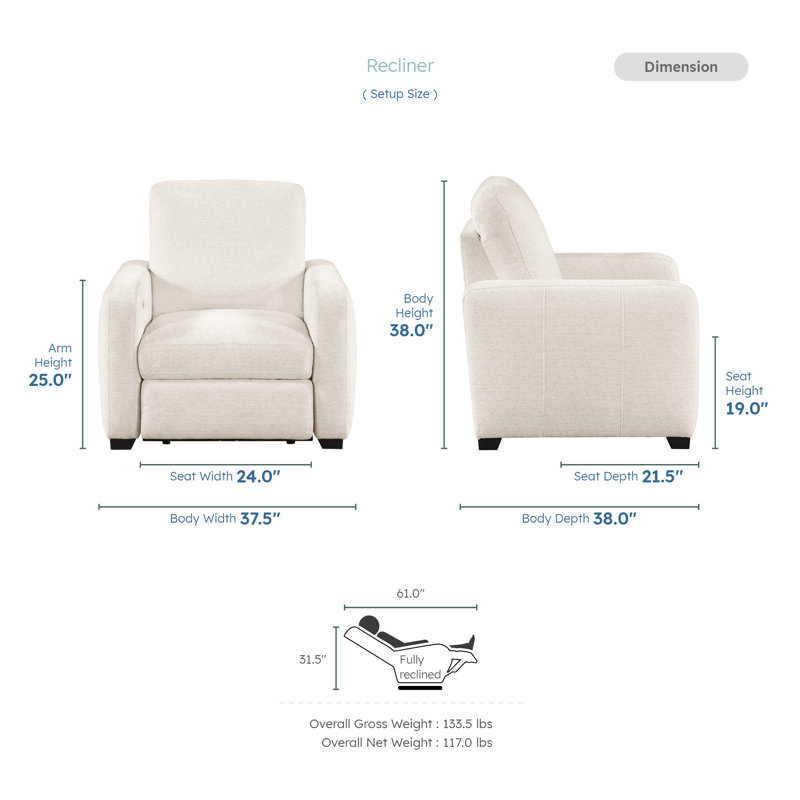 Salton 37.5" Modern & Contemporary Chenille Fabric Power Reclining Chair with Wall-Hugger Design, USB-A & C Charging Ports