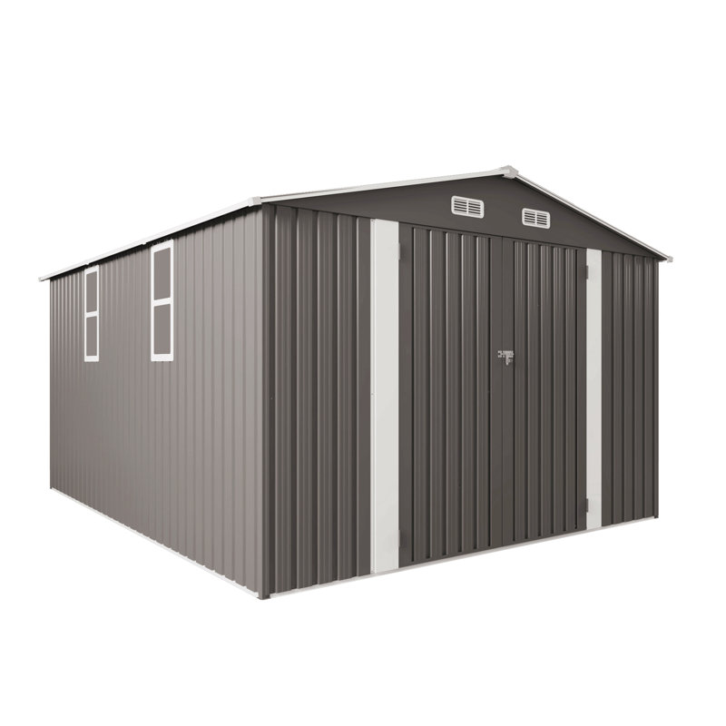 10X12ft Outdoor Storage Shed Large Metal Garden Shed With Double Door Two Window Waterproof Tool Shed For Backyard Patio Lawn Poolside ,Grey