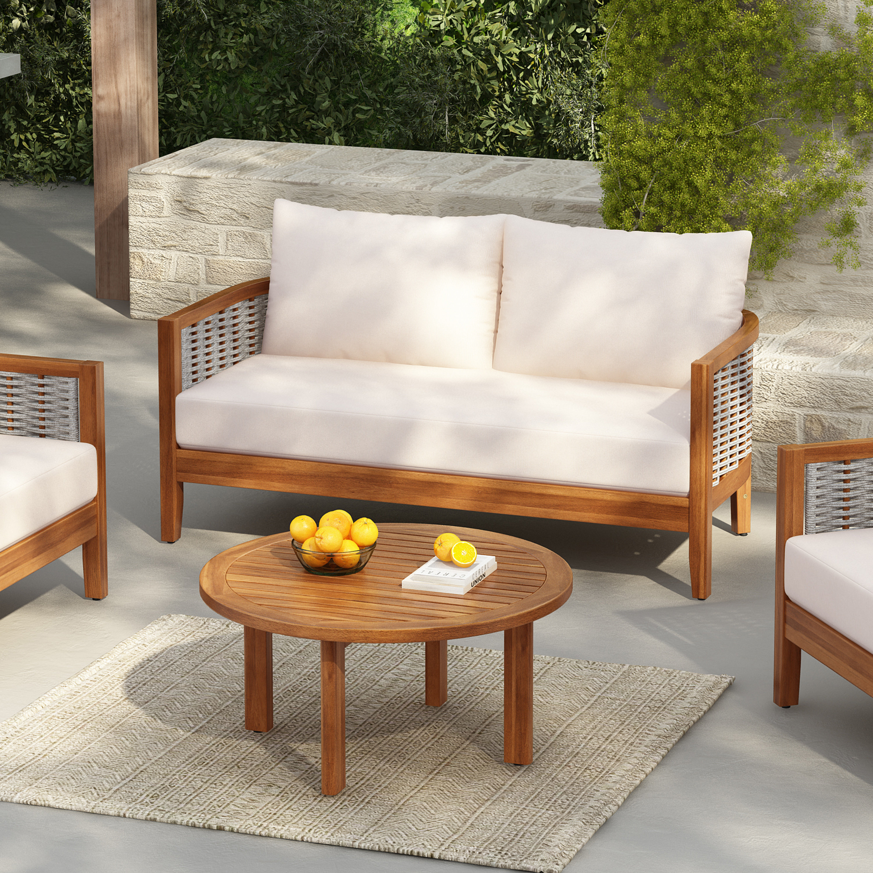 Gariepy Outdoor 2-Piece Acacia Wood Conversation Set With Woven Rope & Cushions