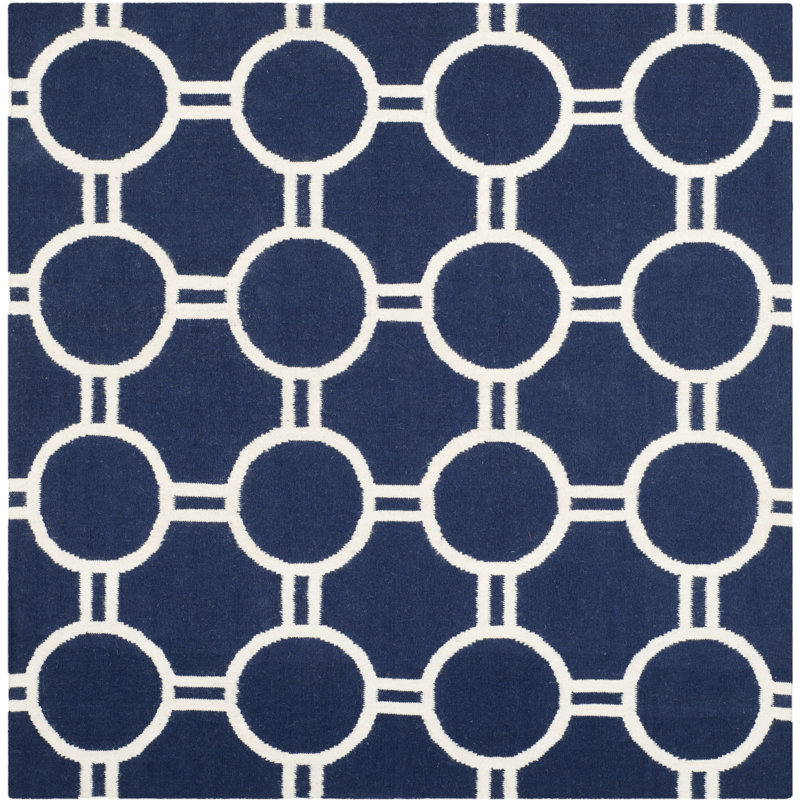 Rodgers Hand Woven Flat Weave Wool/Cotton Geometric Rug in Blue, Square 6'