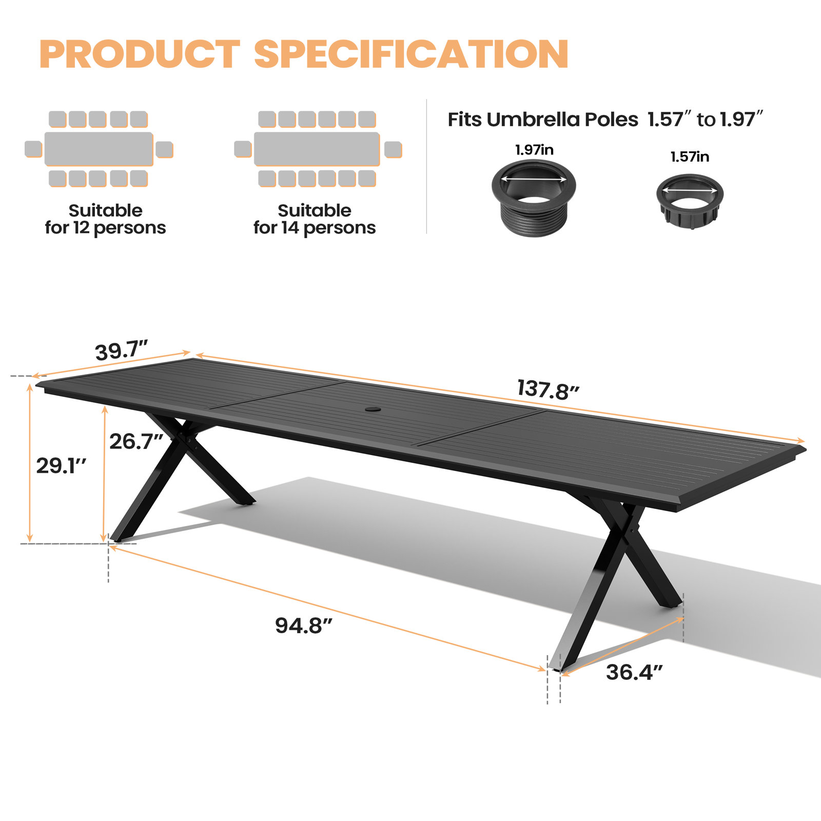 138" Patio Dining Table, 29.1''H X 137.8''W X 39.7'' D