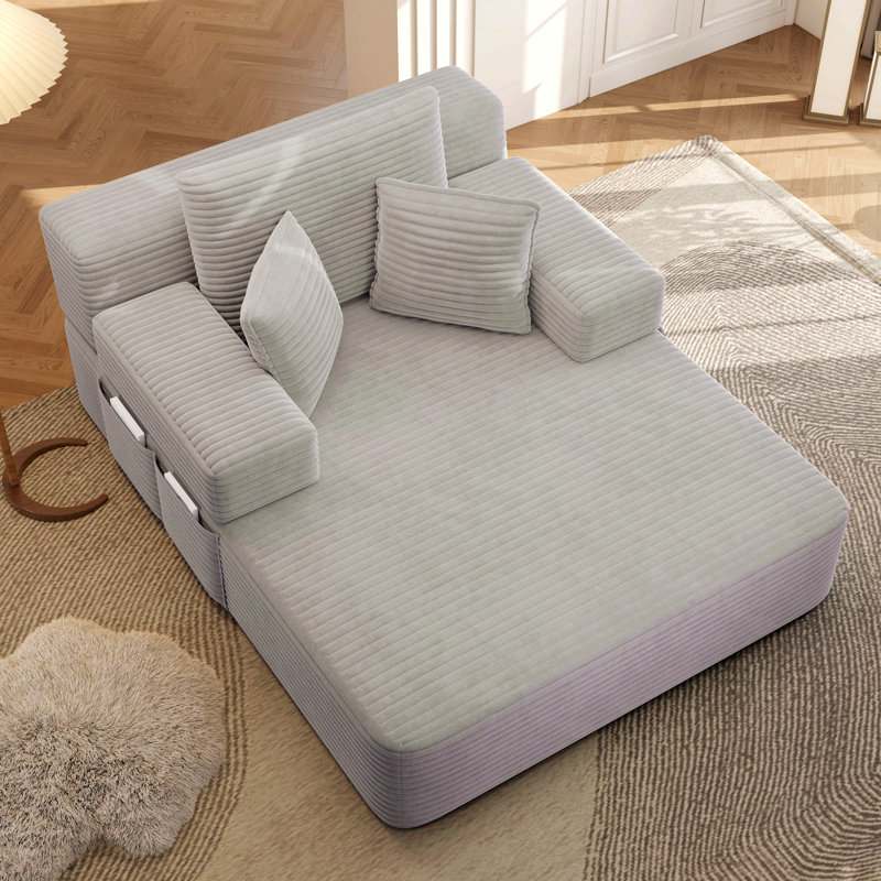 Luxueuse chaise longue en velours côtelé moelleux avec 3 coussins, canapé-lit convertible avec poche de rangement, conception sans cadre et mousse de compression pour les petits espaces, salon, appartement, gris clair