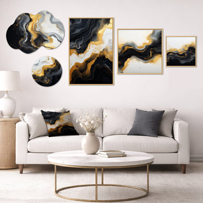 Gold & Black Marble Essence I – Large Abstract Wall Art, Metal and Framed Canvas Print 5 Piece Set (100" x 40")