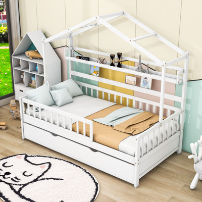 Verdia Wood House Bed with Trundle and Shelf