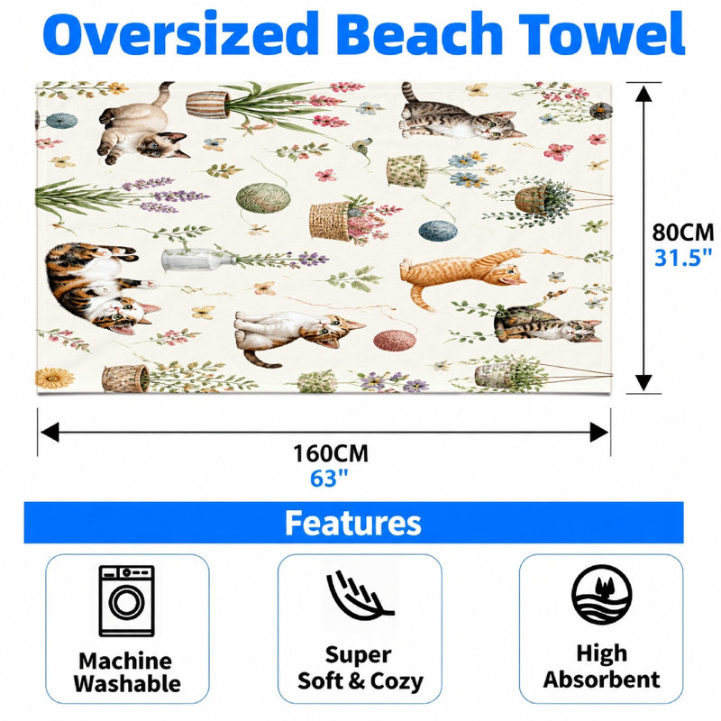 1Pièce adorable serviette de plage pour chat, avec des chatons ludiques, des fleurs et des papillons dans un design charmant. Grande microfibre douce, parfaite pour la natation, les voyages et les voyages unisexes.