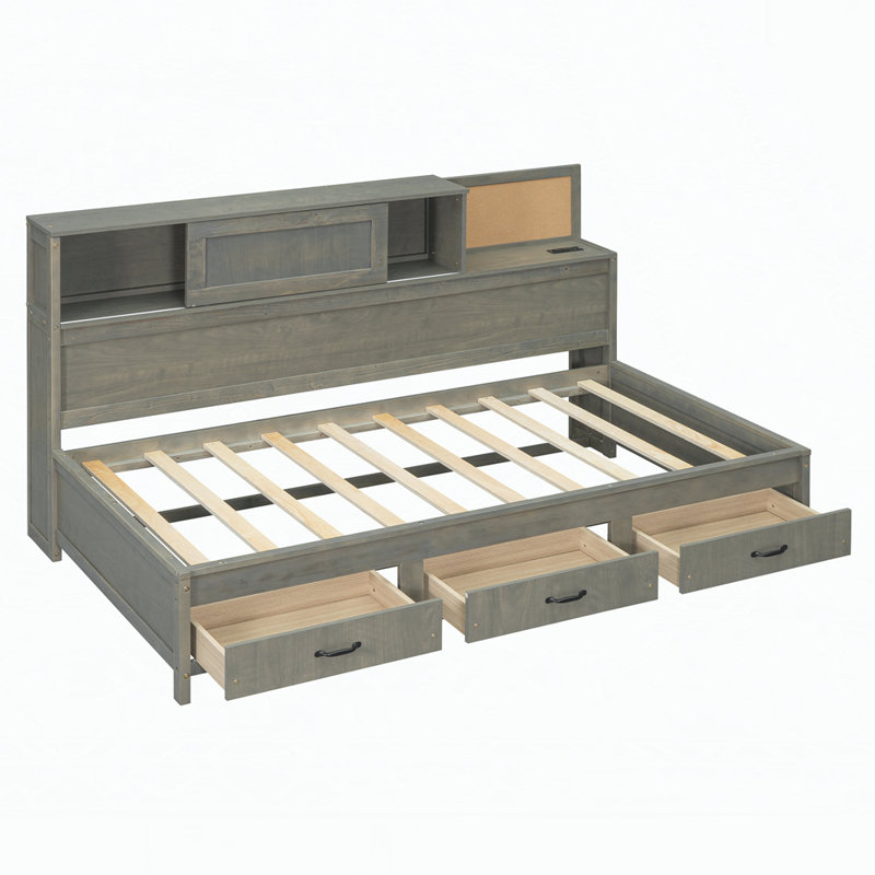 Wooden Daybed with 3 Storage Drawers, Upper Soft Board, shelf, and a set of Sockets and USB Ports, Full, Gray