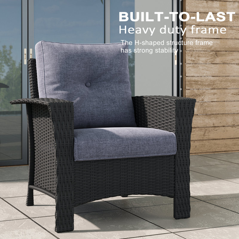 3 Piece Wicker Patio Furniture Set, Classis Outdoor Conversation Armrest Chairs Set With Coffee Table, Navy, Black
