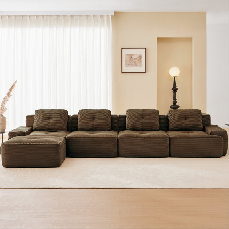 Canapé d'angle modulaire en velours côtelé de 4 pouces, design ergonomique et incurvé, antidérapant et sans assemblage, idéal pour votre salon. Passepoil nacré moderne de 153 pouces. Siège confortable.
