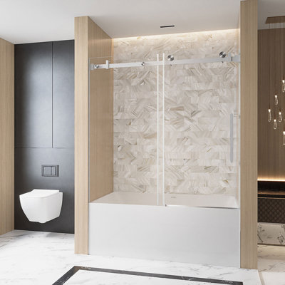 Frameless Single Sliding Shower Door With Clear Tempered Glass, Explosion Proof Film, And Stainless Steel Handle For Modern Bathrooms