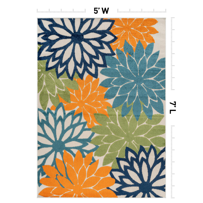 Floral Ivory/Multi Indoor/Outdoor High-Low Area Rug, Multi, Rectangle 5' x 7'