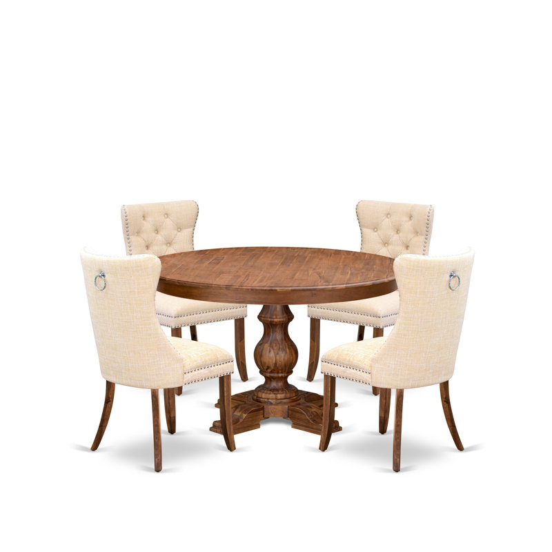 Ensemble de table de cuisine 5 pièces en polyester avec 4 chaises de salle à manger beige clair, dossier capitonné et une table de cuisine ronde de 48 po au fini noyer antique.