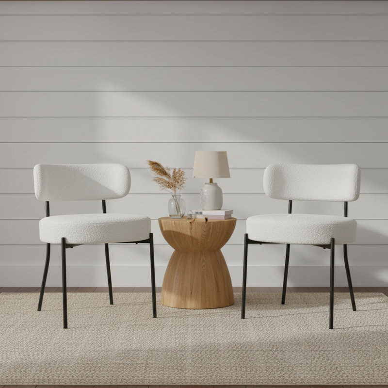 Mid-century Modern White Boucle Upholstered Dining Chairs,  With Curved Back & Black Metal Legs, Set of 2