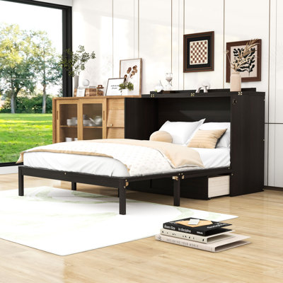 Queen 1 Drawer Wood Murphy Bed with Charging Station