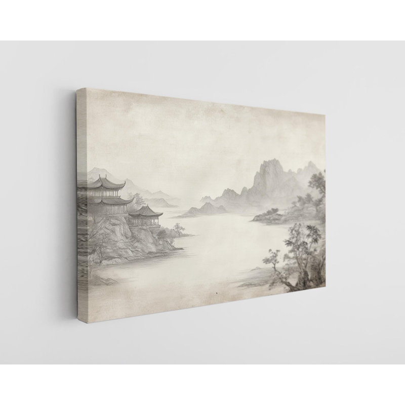 Reproduction d'art sur toile paysage serein asiatique mettant en vedette des montagnes majestueuses et des pagodes élégantes - Zen, décoration murale pour la maison ou le bureau