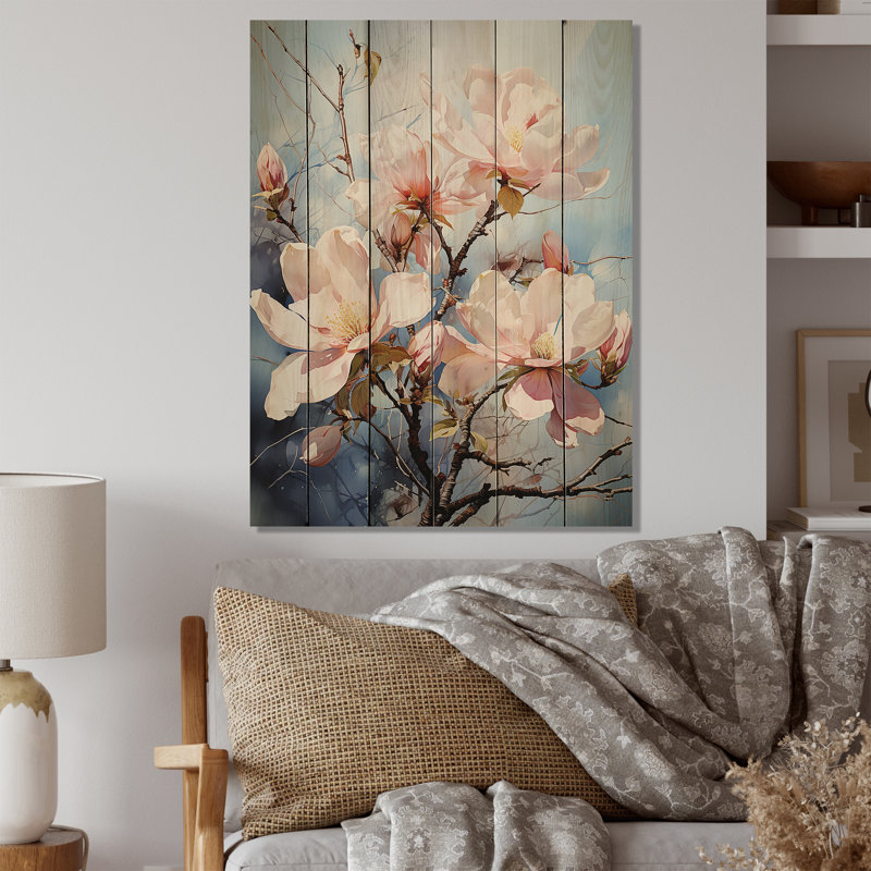 Magnolias blanc et rose sur fond blanc, H 40 po x l 30 po x P 0,78 po