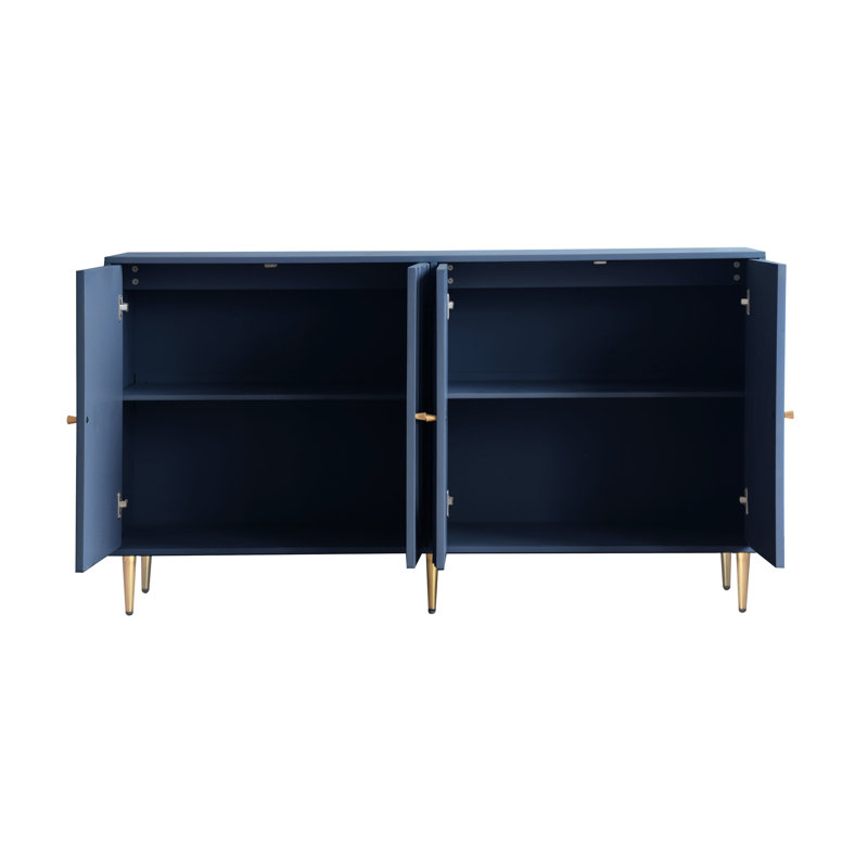 Armoire de rangement moderne laquée bleue. Pour le bureau, le vestibule. 4 portes, tablettes réglables, buffet pour le couloir - construction, tablettes