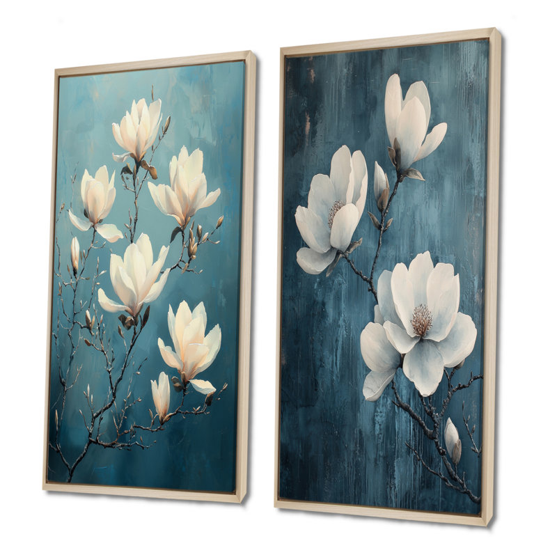 Magnolia Blooms In Saffire Winter Impressionist I - Art mural floral 2 pièces, H 40 po x l 41 po, Cadre crème crème