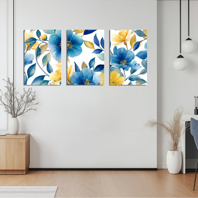 Ensemble de 3 toiles aquarelle florales bleues et jaunes, montées sur châssis, pour la décoration du salon et de la chambre.