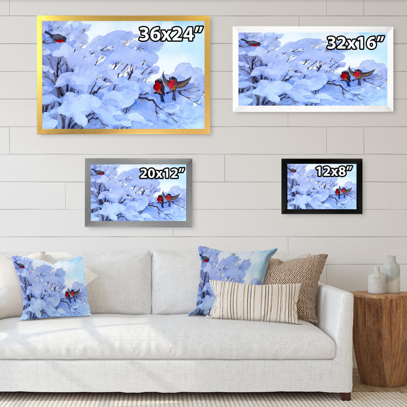 «Winter Scene Bullfinch Sitting II», reproduction d'art sur toile, H 8 po x l 12 po x P 1 po, Toile encadrée dorée