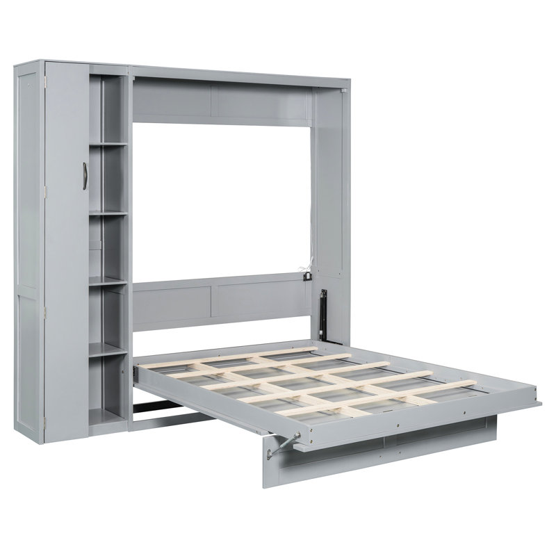 Lit avec lumières à DEL, tablettes, garde-robe - gris, Gris, Lit double