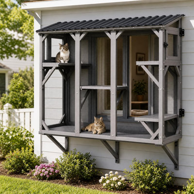 Enceinte de fenêtre murale pour chat, toit incliné toutes saisons, grillage en acier, abri d'insectes, plateformes multiples et perchoir pour chat, espace de jeu sécuritaire pour les chats