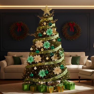 104 Pcs Christmas Tree Decorations Set – Green & Gold Hanging Balls, Tree Topper, Artificial Poinsettias, Ribbon & Gift Box For Xmas Party Décor
