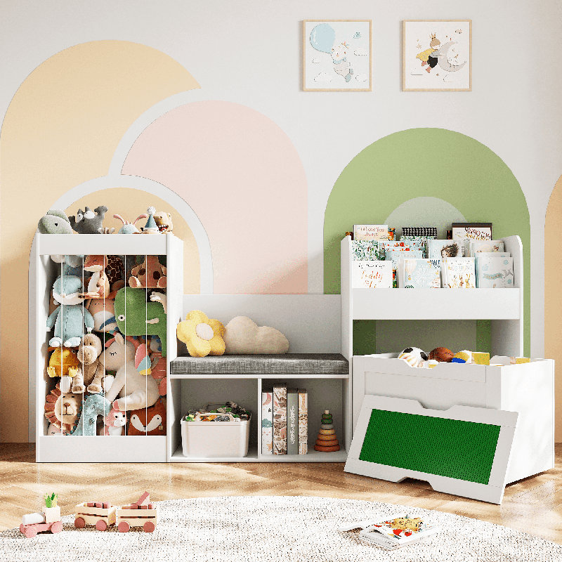31.5''H Kids Bookcase, Toy Storage Organizer With Stuffed Animal Storage, Bench And Removable Cushions, Wooden Toddler Bookshelf With Movable Building Block Drawers, White