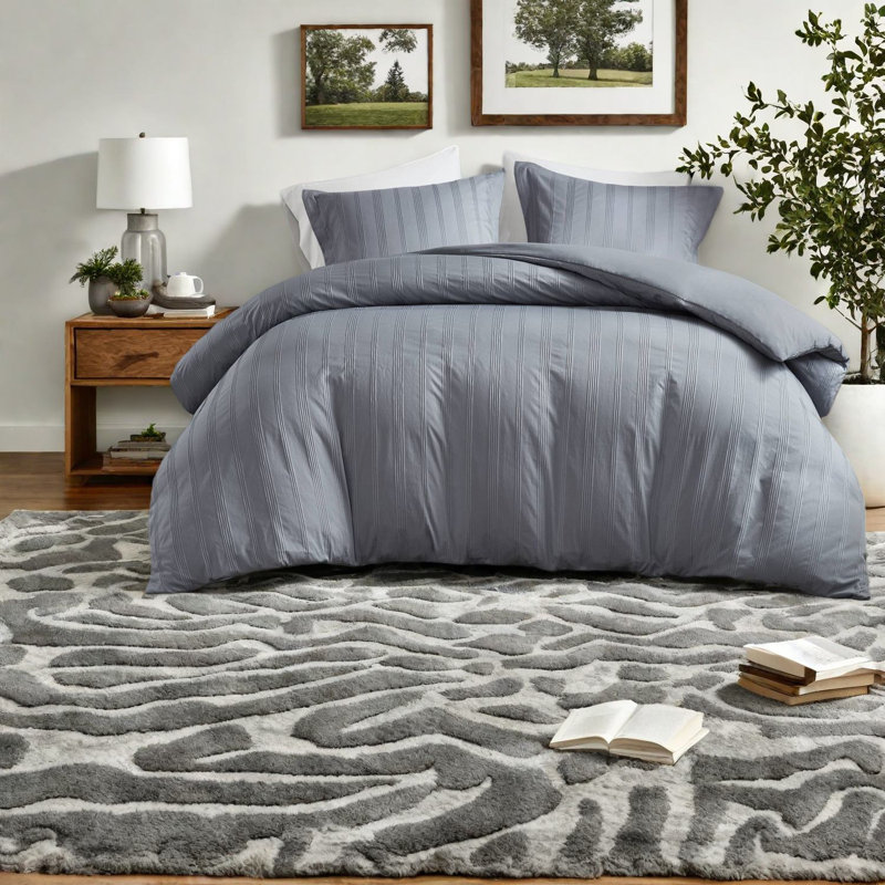 Ensemble de literie pour grand lit élégant, rayures en polyester gris, chambre à coucher moderne