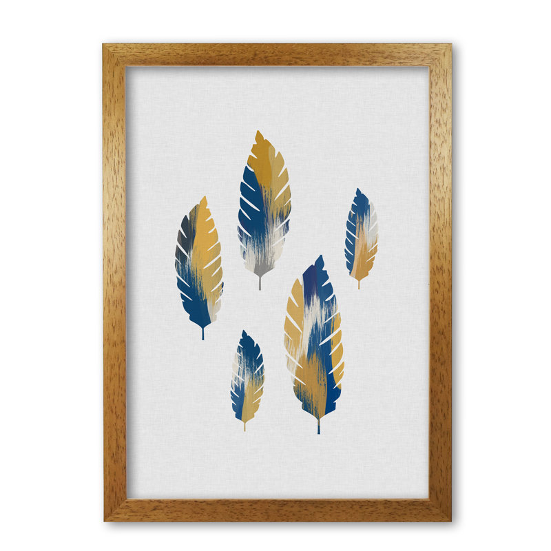 Leaves Blue & Yellow - Print, 30 cm H x 21 cm W x 5 cm D, Honey Oak Frame