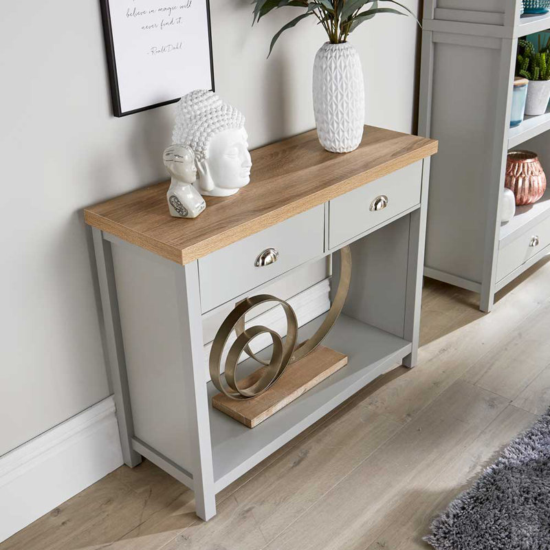 Spradling 2 Drawer 97cm Hallway Console Table 36mm Thick Top, Grey/Oak