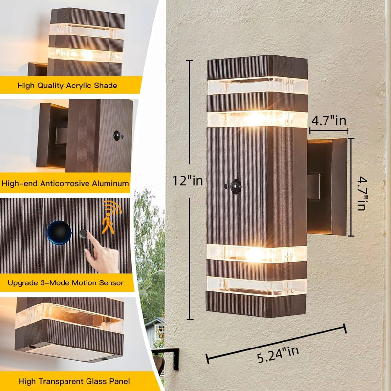 Lot de 2 appliques murales extérieures en bronze huilé avec détecteur de mouvement à 3 modes