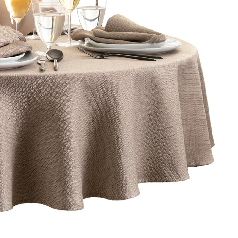 Taupe Round Textured Water-Resistant Polyester Tablecloth