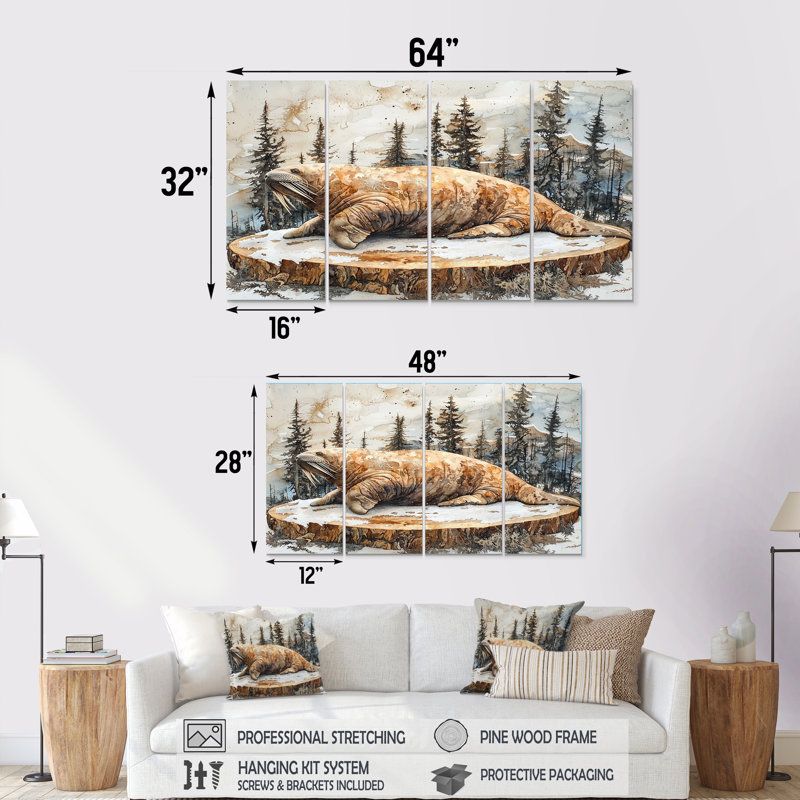 Morse canadien sur un plateau de glissoire en bois II - art mural morse - art mural moderne sur toile 4 pièces