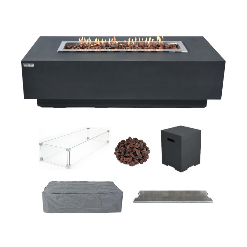 Elementi Granville 60" Propane Concrete Outdoor Fire Pit Table Bundle Includes Burner Lid, Glass Wind Guard, & Propane Tank Cover