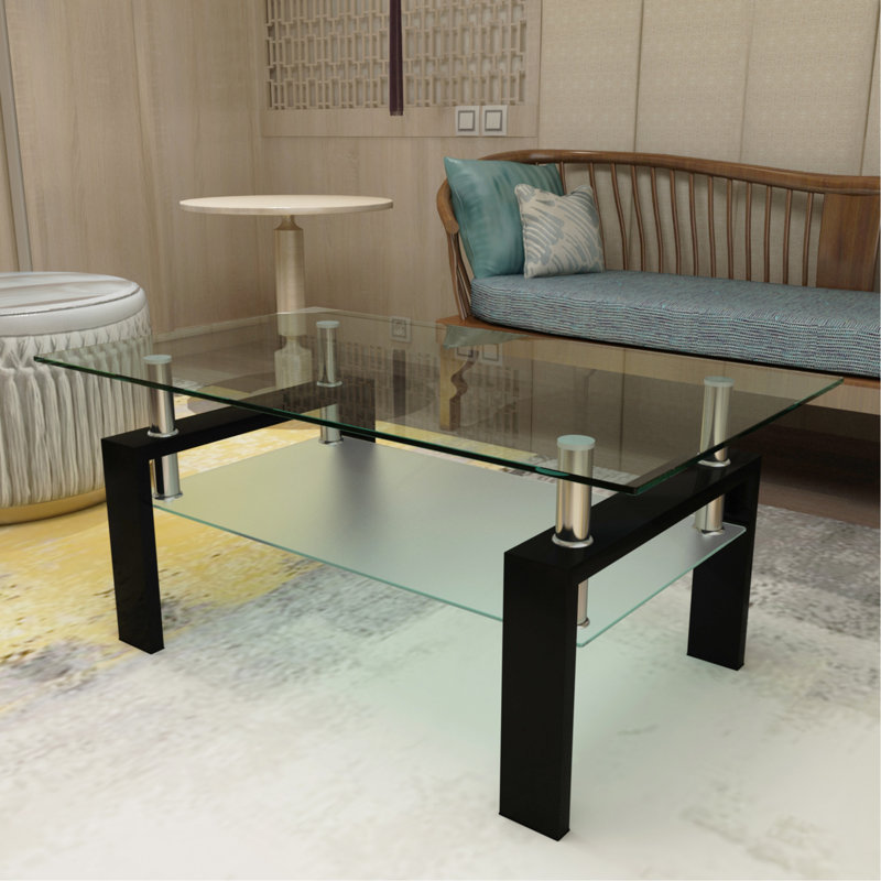 Table basse moderne en verre transparent avec rangement double couche, parfaite pour le salon et le bureau, Transparent, Noir