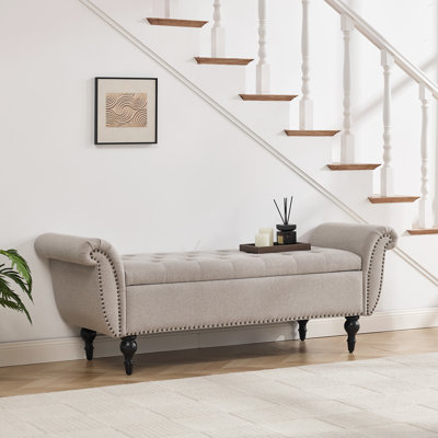 Très grand banc de rangement Chesterfield de 63,7 po avec pieds en bois massif