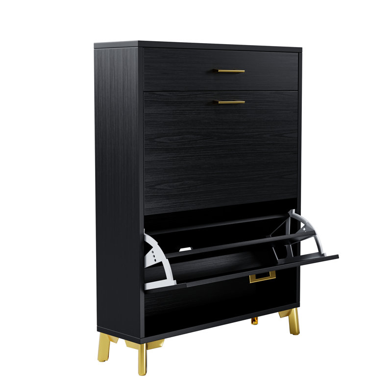 Shoe Storage Cabinet For Entryway, Free Standing Shoe Organizer With 2 Flip Drawers, Black
