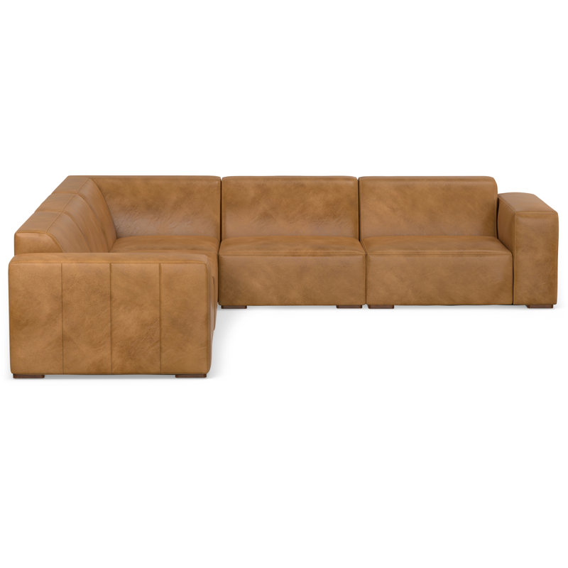 Rex Large L-Shaped Corner Sectional Sofa in Genuine Leather Modern 5-Seater Couch with Extra-Wide Armrests, Sienna