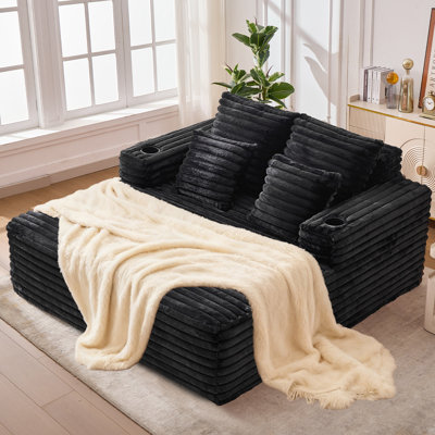 Canapé-lit d'appoint en velours côtelé noir de 135 cm (53 po), méridienne inclinable avec porte-gobelet et coussin, aucun assemblage requis