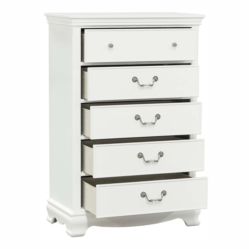 Commode en bois 5 tiroirs Classic Classic avec joints en queue d'aronde et quincaillerie en nickel poli pour un rangement élégant