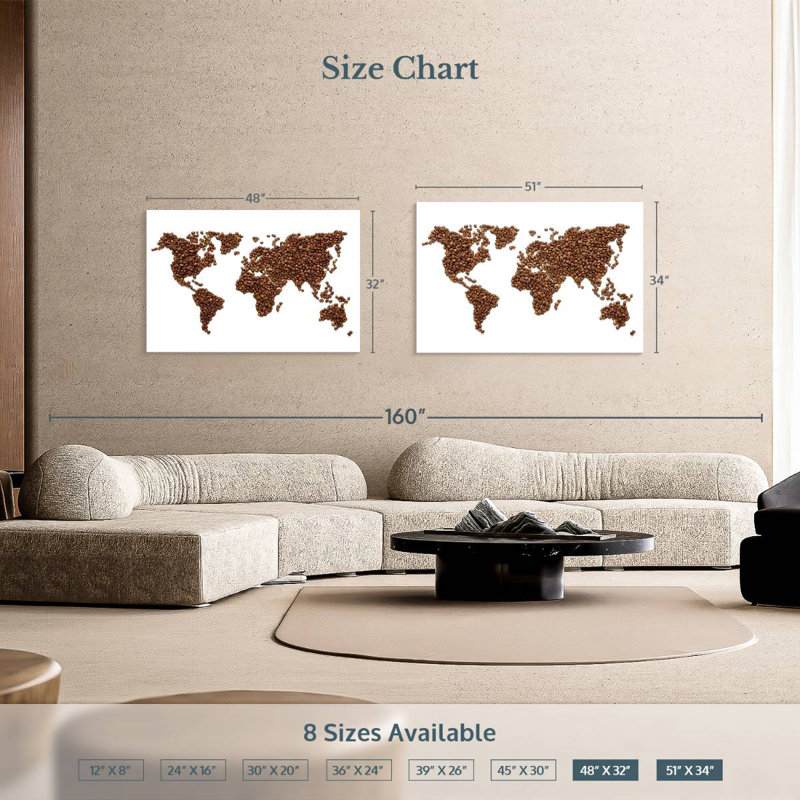 Carte du monde des grains de café Aliaz, H 32 po x l 48 po
