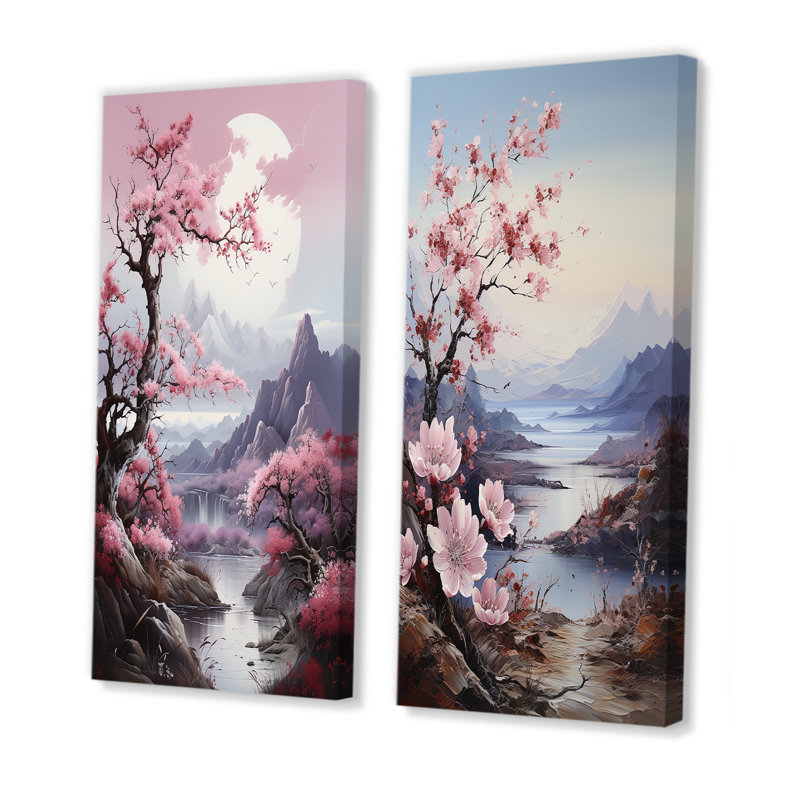 Paysage de cerisier rose du Japon - paysage de mur d'art floral, ensemble de 2, Toile tendue, H 32 po x l 33 po