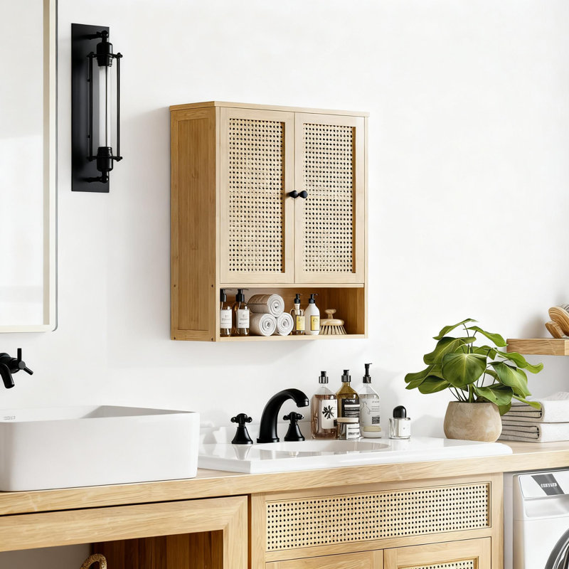 Armoire de salle de bain murale avec tablette réglable, organisateur de rangement de médicaments en rotin au-dessus de la toilette pour la cuisine, le salon, le vestibule