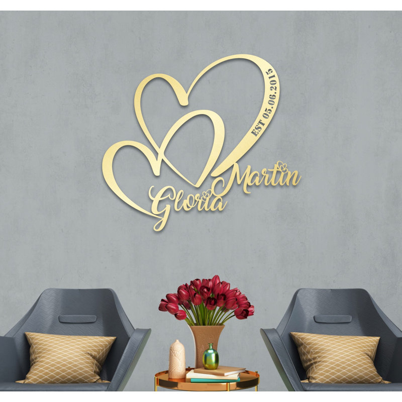 Décoration murale personnalisée en métal double cœur et amour pour la Saint-Valentin ou cadeau de mariage, Oui, Or brillant