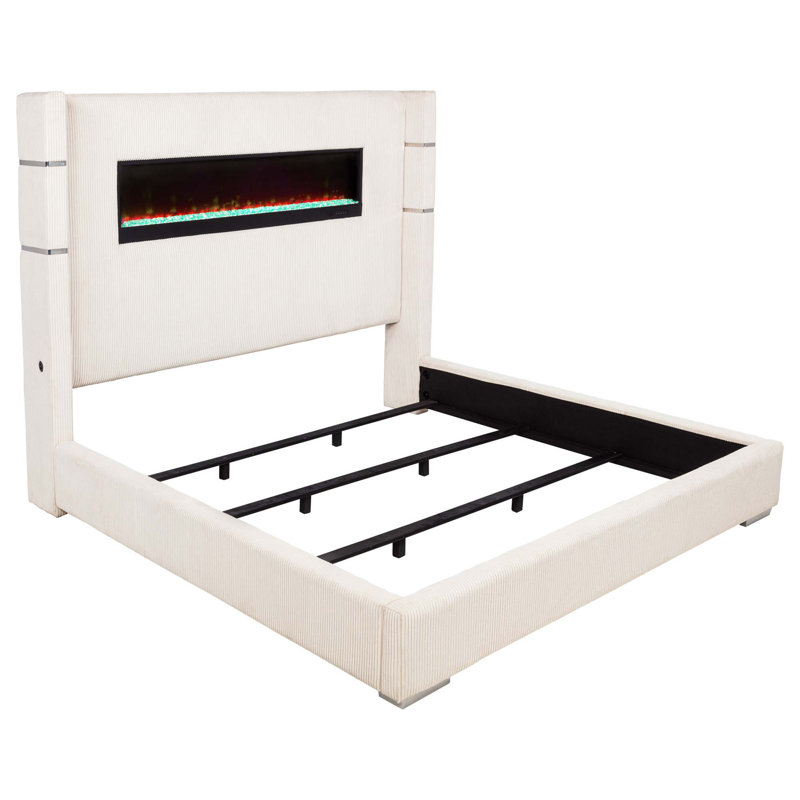 Contemporary Wingback Bed with Flame Visualizer and Motorized TV Lift