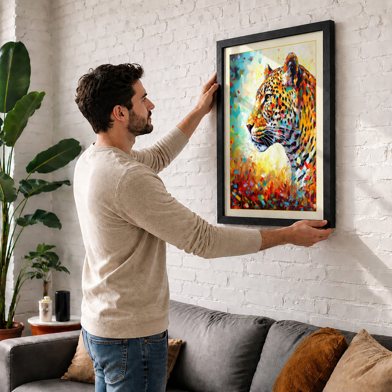 Leopard in Colour Modern 1 Piece Single Picture Frame Wall Art, A2 - 59.4 x 42.0 cm, Black