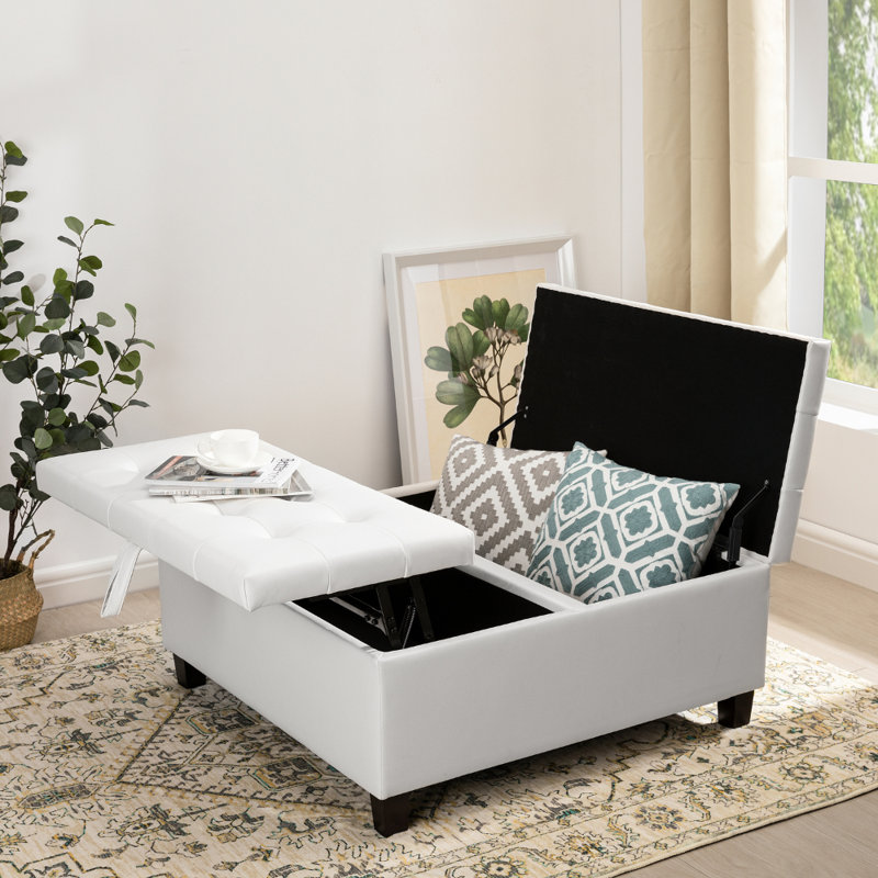 Ciara 35.43" Wide Button Tufted Square Storage Ottoman Upholstered Lift Top Large Ottoman Coffee Table, White Faux Leather