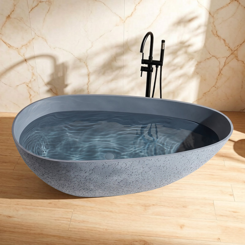 67” Freestanding Solid Surface Outdoor Soaking Stone Bathtub With Concrete Textured